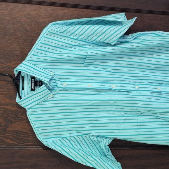 Lands' End Blue Stripe Supima No Iron Supima Pinpoint Short Sleeve Button Down - Picture 3 of 7